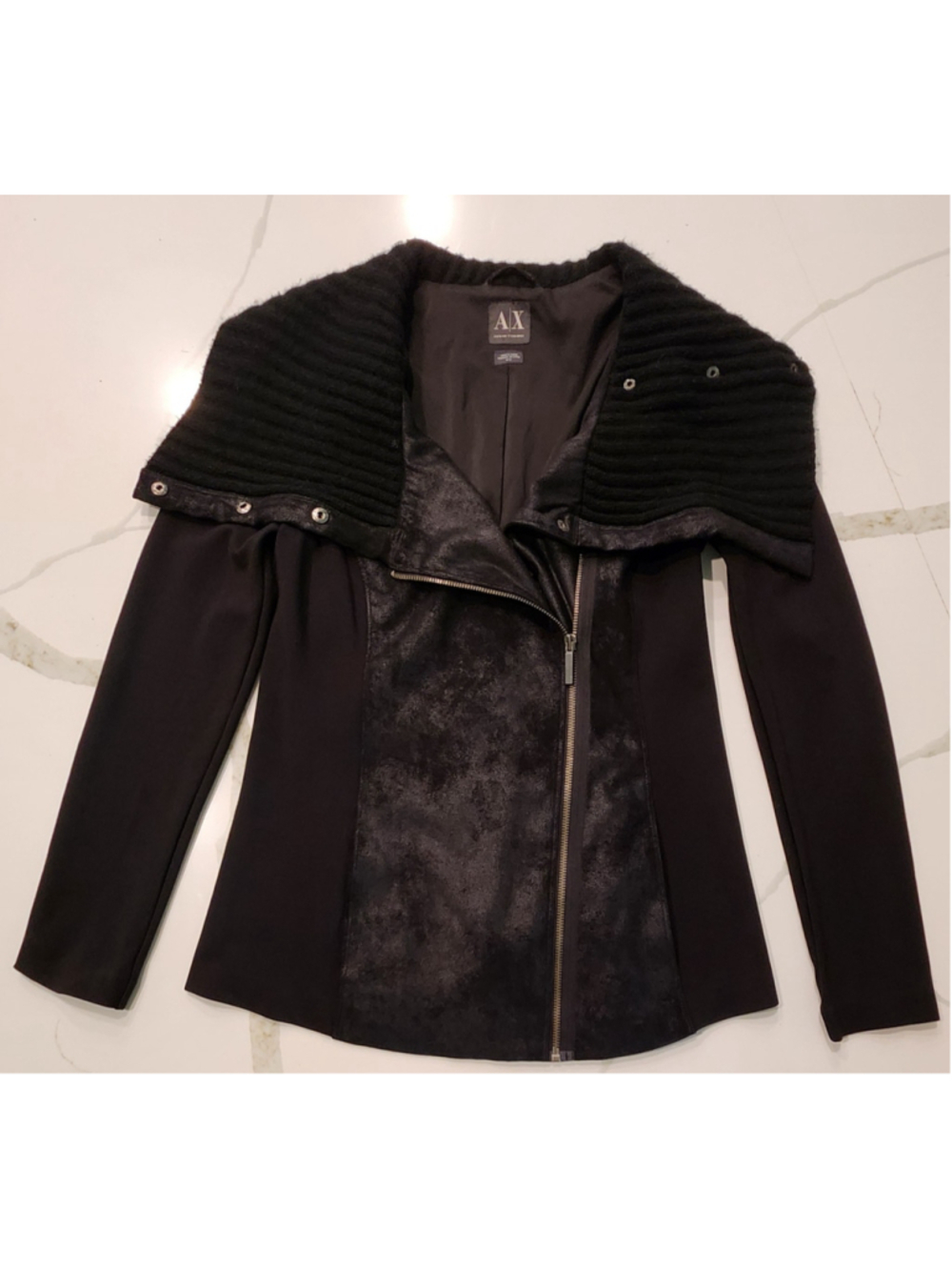 Armani Exchange Black Asymmetric Zip Jacket M Knit Cowl Faux Suede Leather Moto - Picture 7 of 14